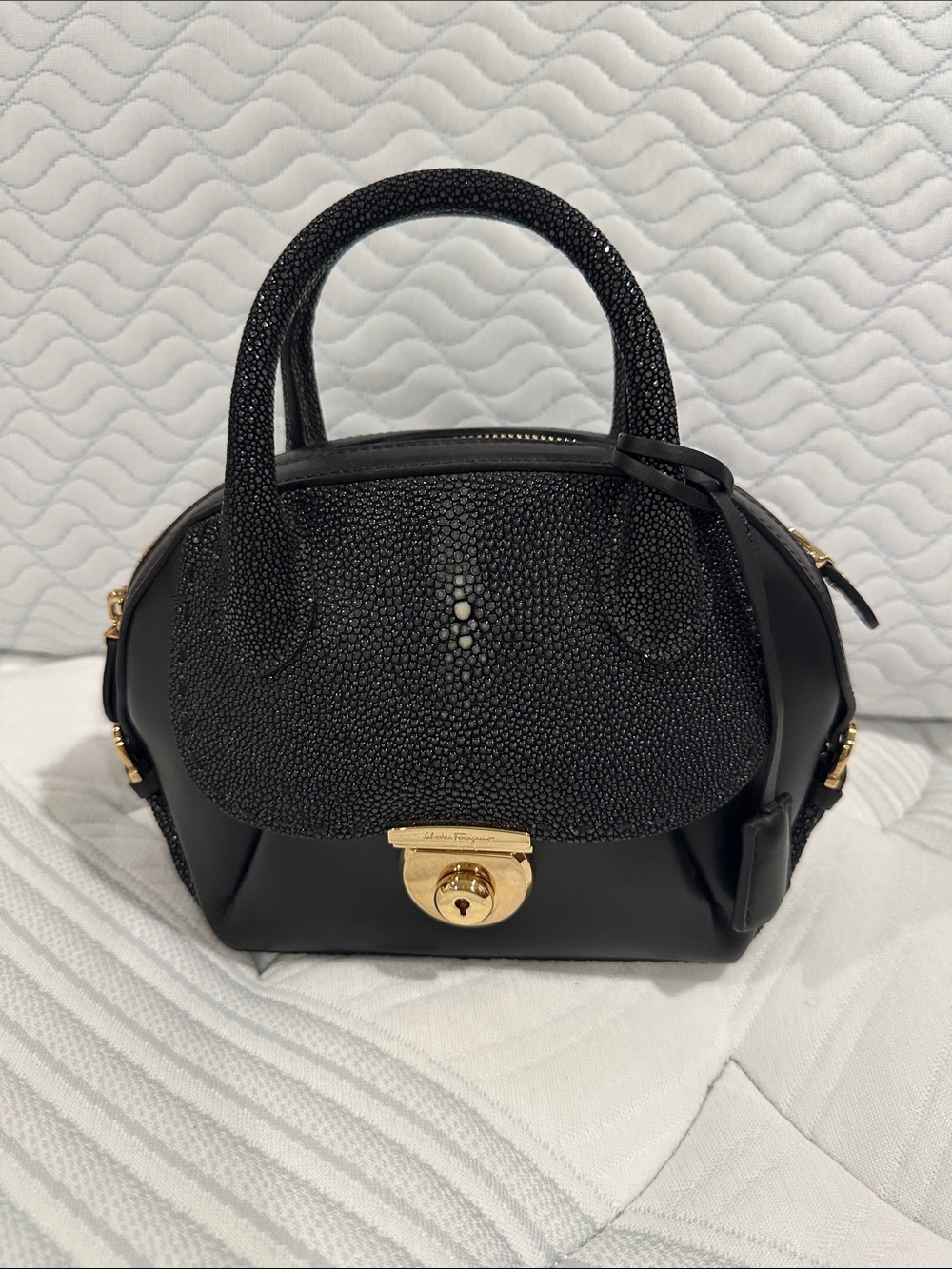 Ferragamo Flamma Mini Stingray Black Leather Top-Handle RARE - GHW & strap